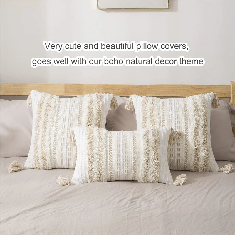 Axyaa Boho Tufted Tassel Cushion Covers Set of 2 - Luxury Throw Pillow