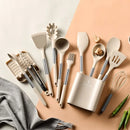 Axyaa 13-Piece Silicone Kitchen Utensil Set with Stainless Steel Handles and Storage Bucket