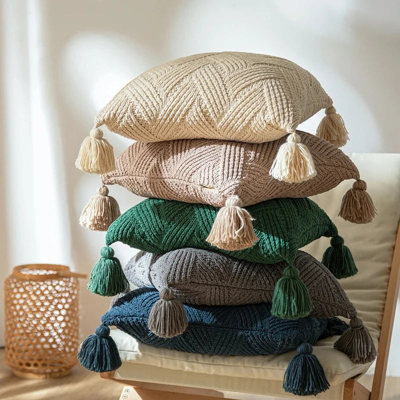 Axyaa Twill Knit Cushion Cover 45x45cm - Solid Pillow Case with Tassels