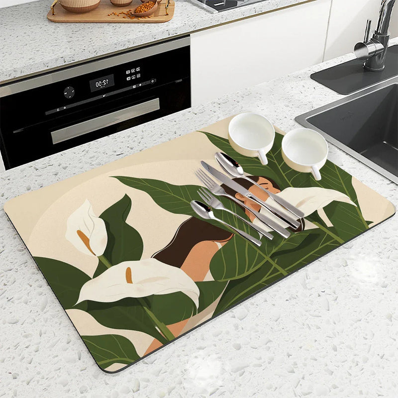 Axyaa Flower Desk Drain Pad Non-slip Kitchen Dish Drying Mat