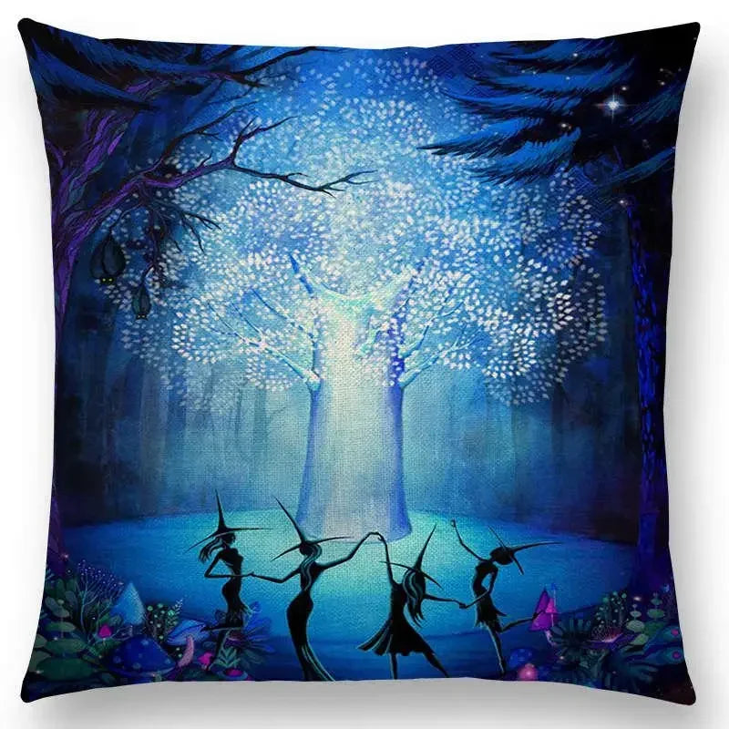 Cute Cat Moon Night Wonderland Witch Halloween Dance Pillow Cover by Axyaa