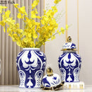 Axyaa Blue White Porcelain Jar Gold Edged Ceramic Vase Dried Flower Arrangement