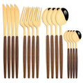 Axyaa 16Pcs Brown Gold Stainless Steel Dinnerware Set with Wooden Handle