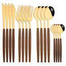 Axyaa 16Pcs Brown Gold Stainless Steel Dinnerware Set with Wooden Handle