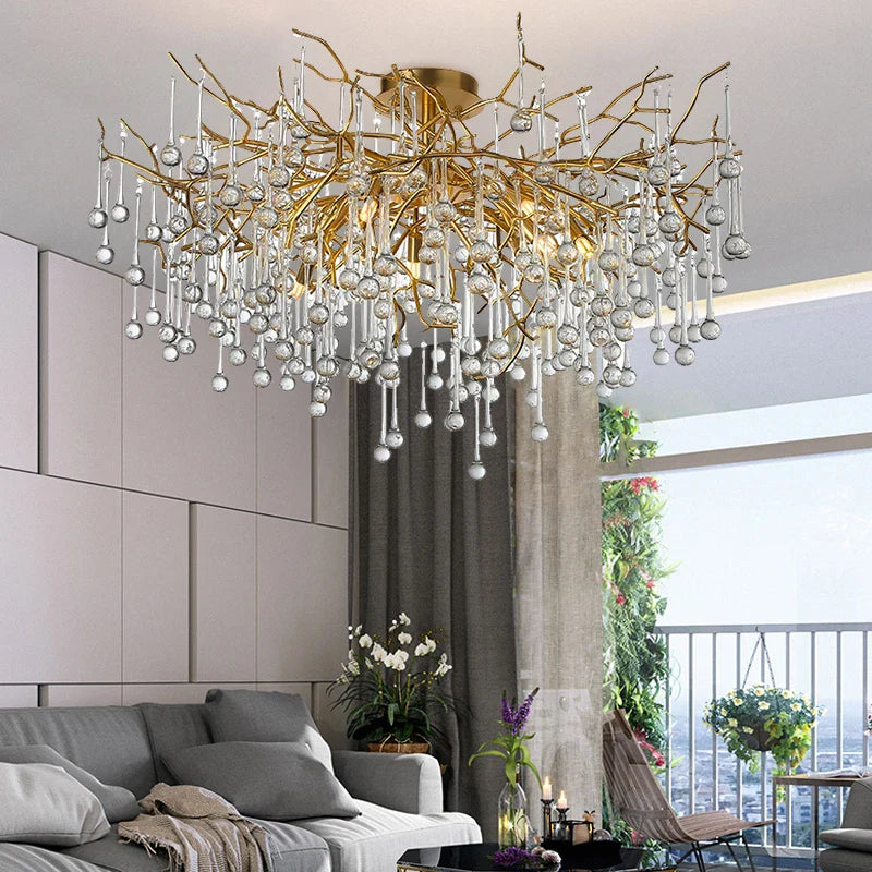 Axyaa Crystal Gold Tree Branch Ceiling Chandelier