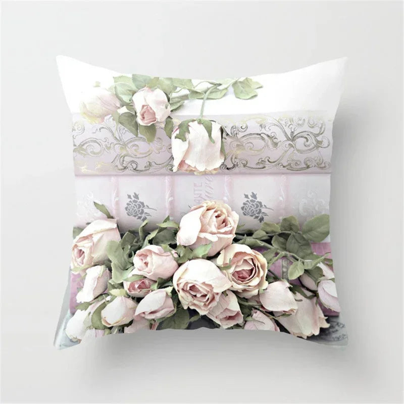 Axyaa Pink Flower Pattern Decorative Cushion Cover for Sofa Pillows - Polyester Material