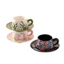 Axyaa Linglong Flower Ceramic Coffee Cup Saucer Set, Original Watercolor Design