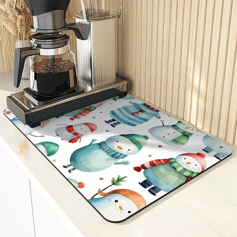 Axyaa Snowman Kitchen Counter Mat Non-slip Absorbent Tableware Drain Mat