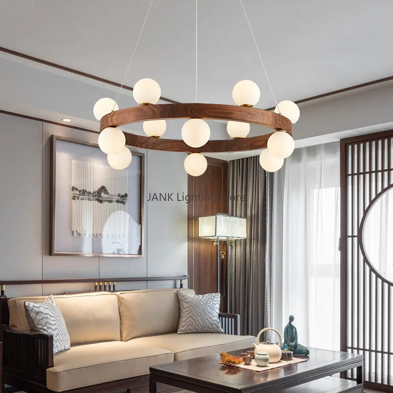 Modern White Glass Walnut Pendant Chandelier for Living Dining Room - Axyaa