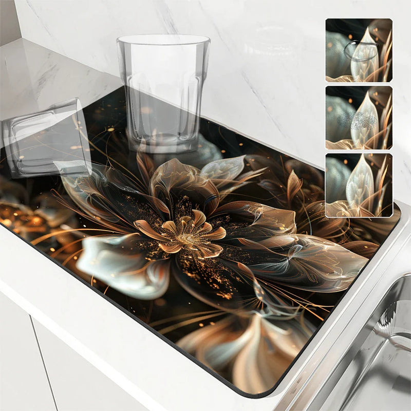 Floral Lines Translucent Flowers Non-Slip Drying Mat for Kitchen Counter by Axyaa