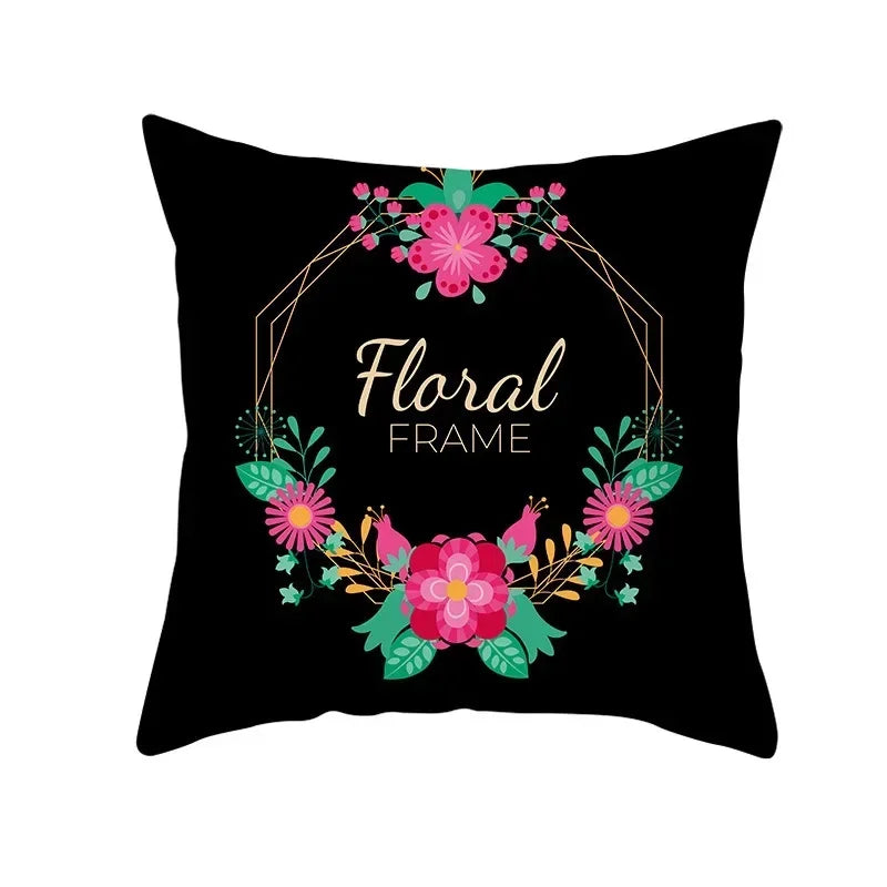 Flamingo Flower Rainforest Cushion Cover with Tropical Plant Animal Pattern by Axyaa
