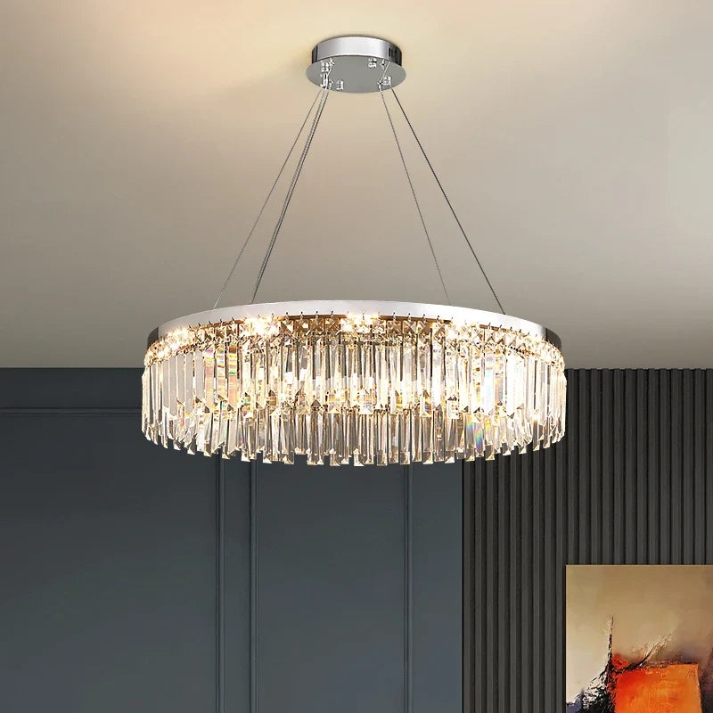 Axyaa Silver LED Crystal Chandelier: Modern Luxury Round Ceiling Light