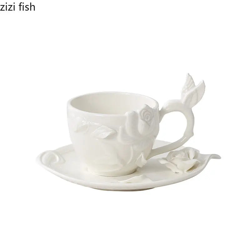 Axya Rose Relief Ceramic Tea Set with Milk Cup and Dinner Plate