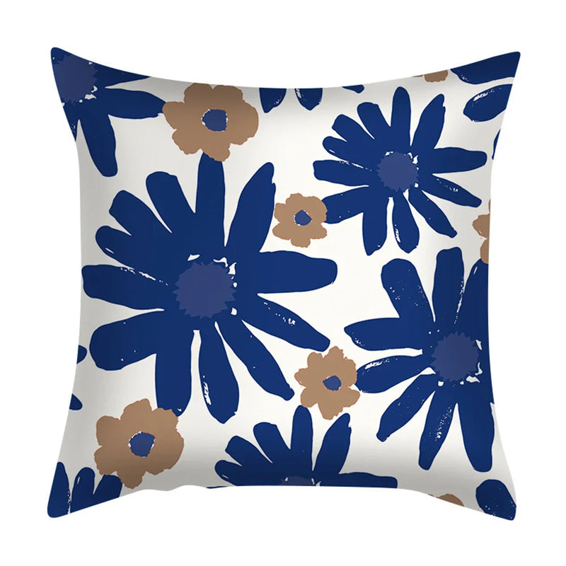 Axyaa Blue Daisy Geometric Flower Leaf Pillow Cover Square Decorative Cushion Cover