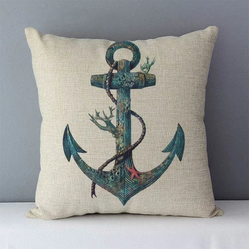 Navy Blue Mediterranean Print Linen Cushion Cover by Axyaa - 45x45cm