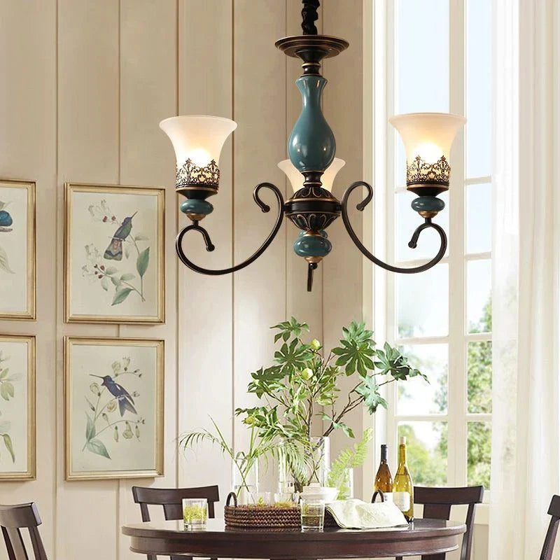 Axyaa Retro Ceramic Chandelier with Glass Lampshade for Home Décor