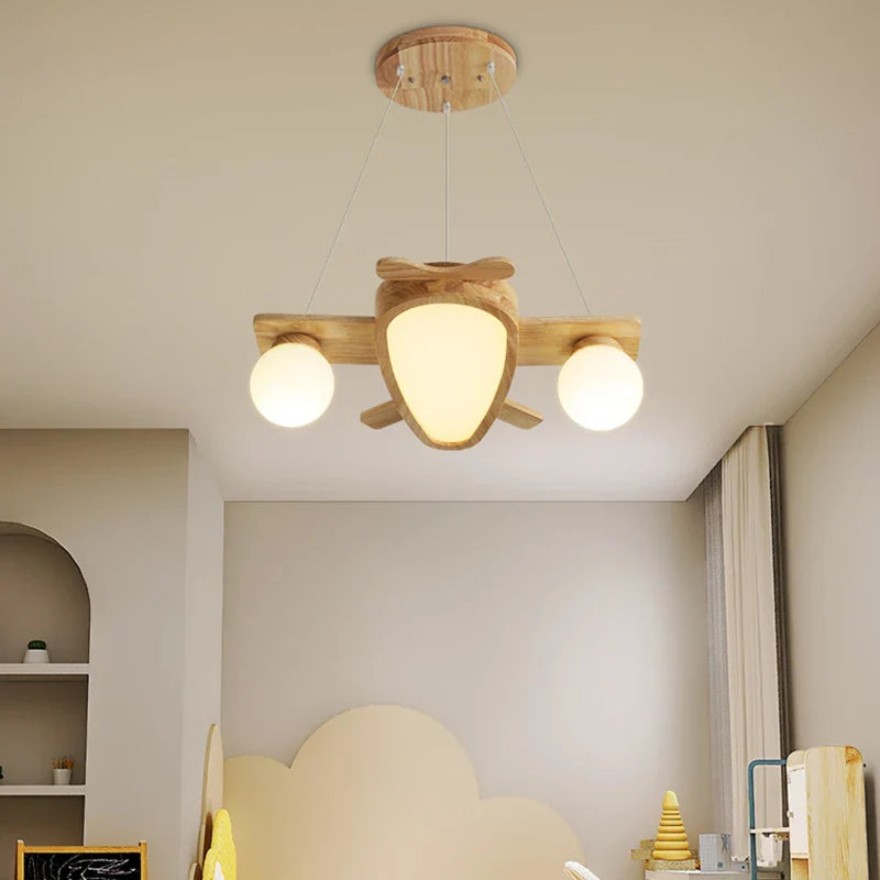 Axyaa Wood Airplane LED Pendant Light for Kids' Room, Walnut Color