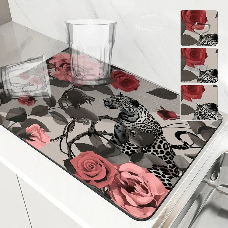 Axyaa Leopard Kitchen Drying Mat - Quick Dry Antiskid Tableware Mat