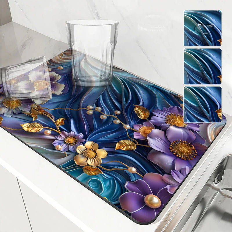 Axyaa Flower Kitchen Absorbent Mat - Quick Dry Dish Drying & Bathroom Drain Pad