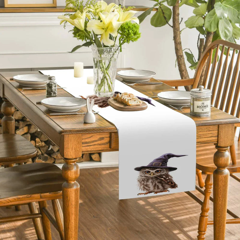 Axyaa Halloween Owl Wizard Hat Table Runner - Elegant Home Dining Decor