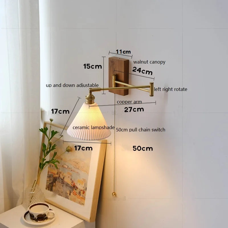 Axyaa Walnut Canopy Copper LED Wall Lamp with Long Arm Rotation