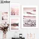 Axyaa Pink Beach Sunset Lake Mountain Canvas Wall Art Nordic Decor