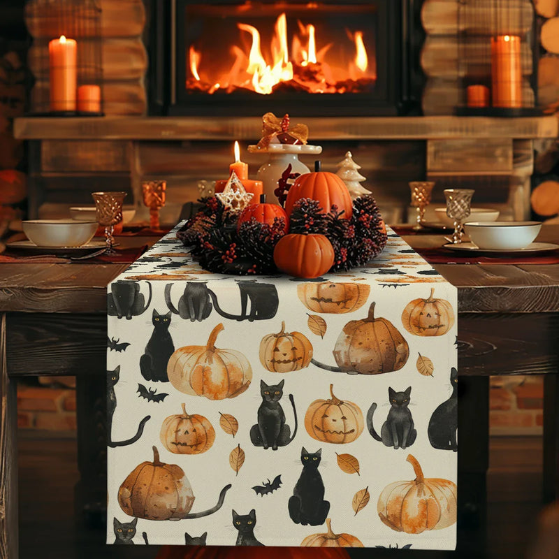 Watercolor Pumpkin Black Cat Table Runner by Axyaa