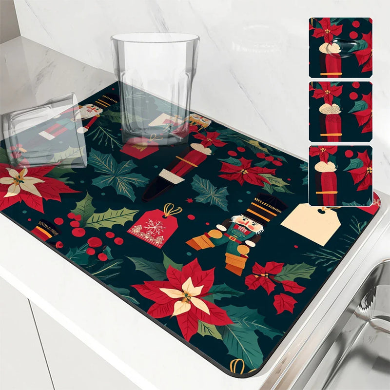 Axyaa Christmas Holly Absorbent Dry Mat for Dishes and Cups