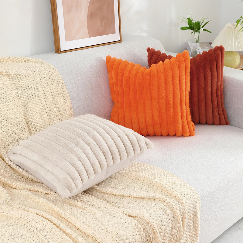 Axyaa 16x16 Faux Fur Striped Pillow Covers 2pcs - Soft Plush Velvet Back
