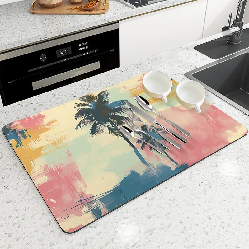 Axyaa Tropical Plants Coffee Cup Drying Mat Non-slip Absorbent Mat for Kitchen Counter