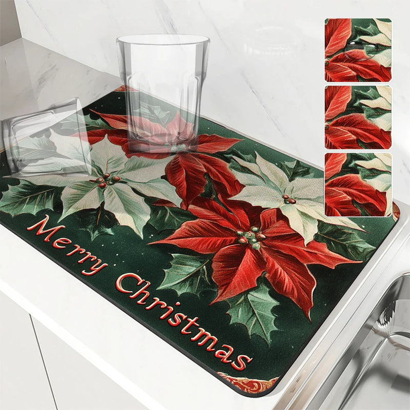 Axyaa Poinsettia Absorbent Draining Mat for Kitchen & Bathroom