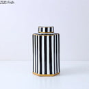 Axyaa Geometric Striped Ceramic Jar with Cover - Home Decor Craft Storage