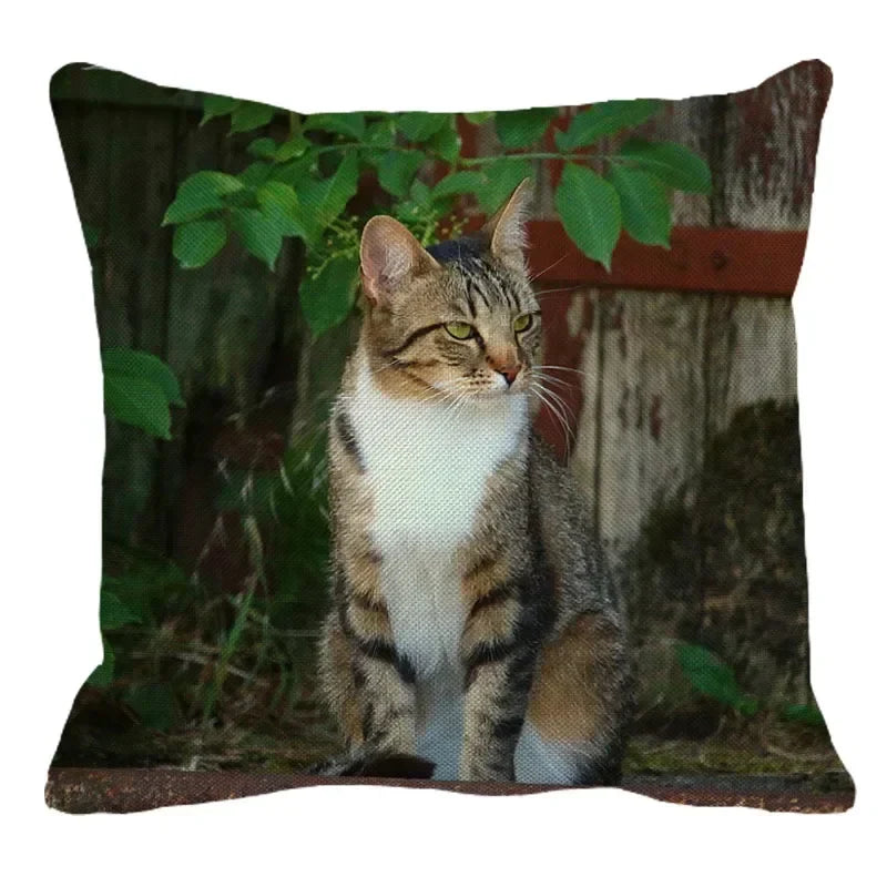 Axyaa Cat Print Linen Throw Pillowcase 45X45CM