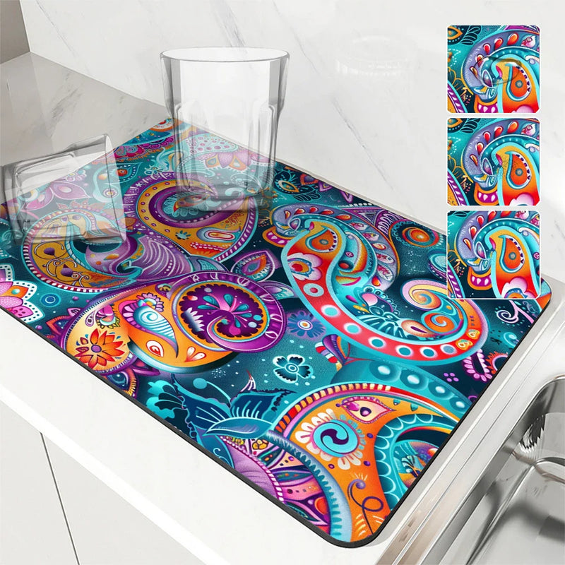 Axyaa Paisley Pattern Absorbent Mat: Antiskid & Quick Dry Kitchen & Bathroom Drain Pad