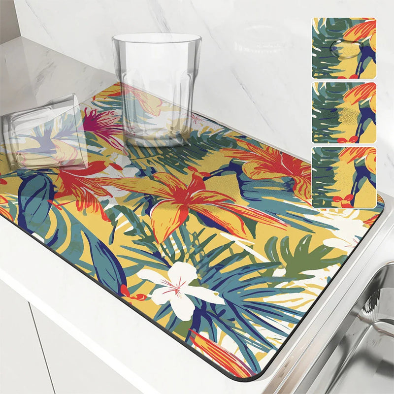 Axyaa Kitchen Drying Mat Plants Flowers Absorbent Dish Placemat
