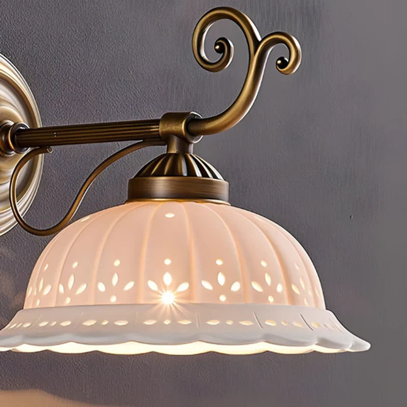 Axyaa White Ceramic Wall Light with E27 Bulb, Old Brass Finish