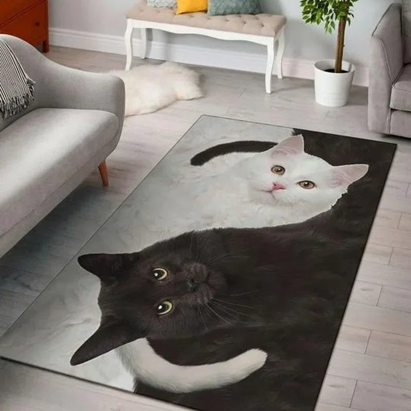 Axyaa Black and White Cat Floor Mat: Non-Slip Carpet for Home Decor