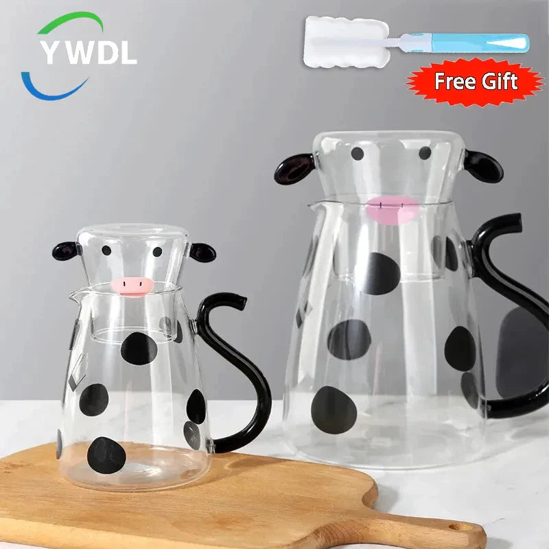Axya Glass Cow Kettle Set: Transparent Water Carafe, Cup, Coffee Jug