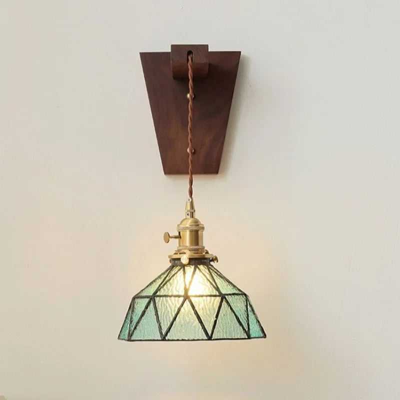 Axyaa Walnut Glass Pull Chain LED Wall Light Fixture for Home Decor