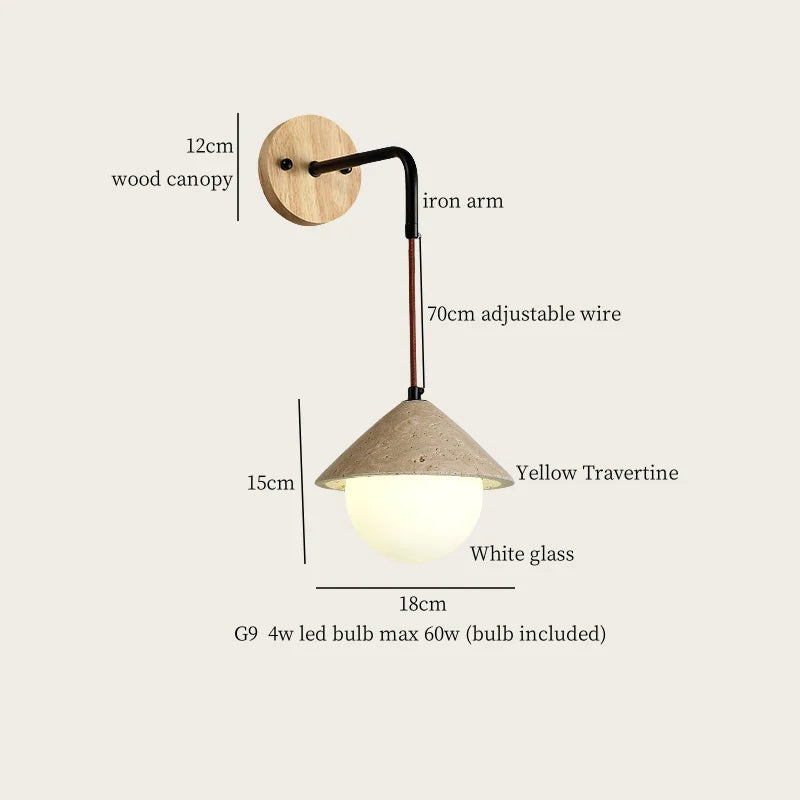 Axyaa Stone Glass LED Wall Light 70CM Adjustable Yellow Travertine Wabi Sabi Bedroom Lamp