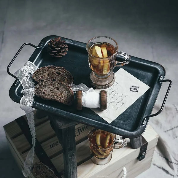 Axya Vintage Iron Food Display Tray with Handle, Metal Serving Plate for Cake & Snacks