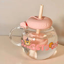 Cute Bear Glass Cup Aesthetic Tumbler With Lid and Straw for Coffee Tea Juice - Axyaa