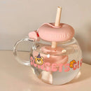 Axyaa Cute Bear Glass Cup - Large Aesthetic Tumbler with Lid and Straw
