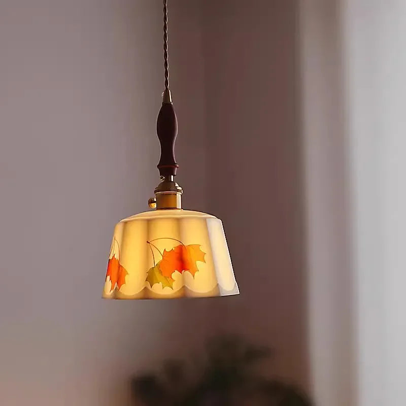 Axyaa White Ceramic Pendant Light Retro Wood Copper LED Hanging Lamp