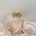 Axyaa Bowknot Glass Cup Set: 500ml Can Shape, Bamboo Lid, Straw - Perfect for Drinks