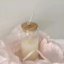 Axyaa Bowknot Glass Cups: 500ml Can Shaped Tumbler with Bamboo Lid and Straw