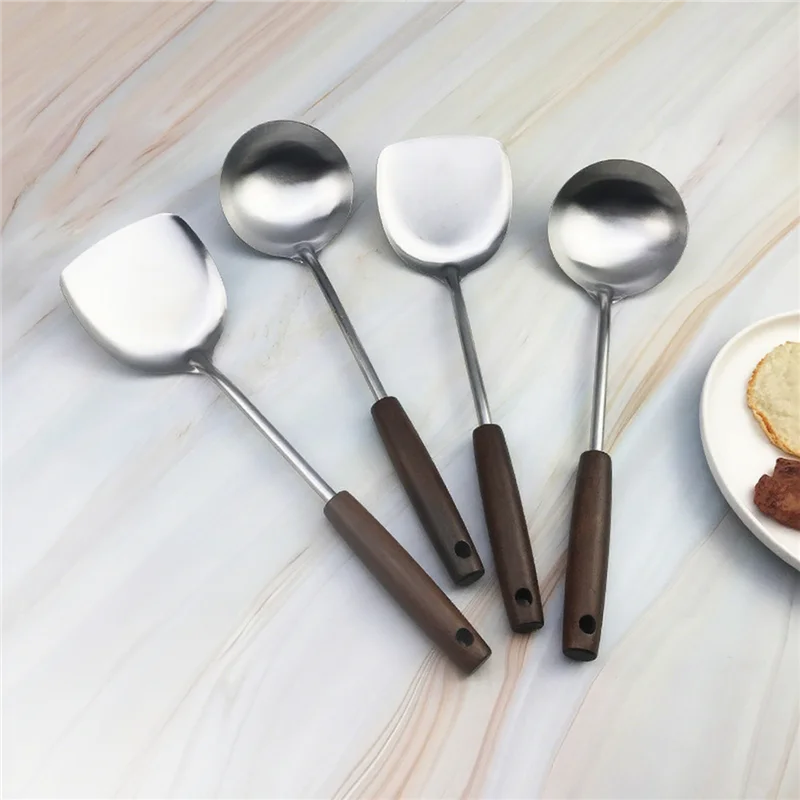 Axyaa Stainless Steel Wok Spatula Ladle Set with Wooden Handle