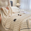 Axyaa Luxe Double Layer Faux Rabbit Fur Throw: Soft & Warm White Striped Blanket