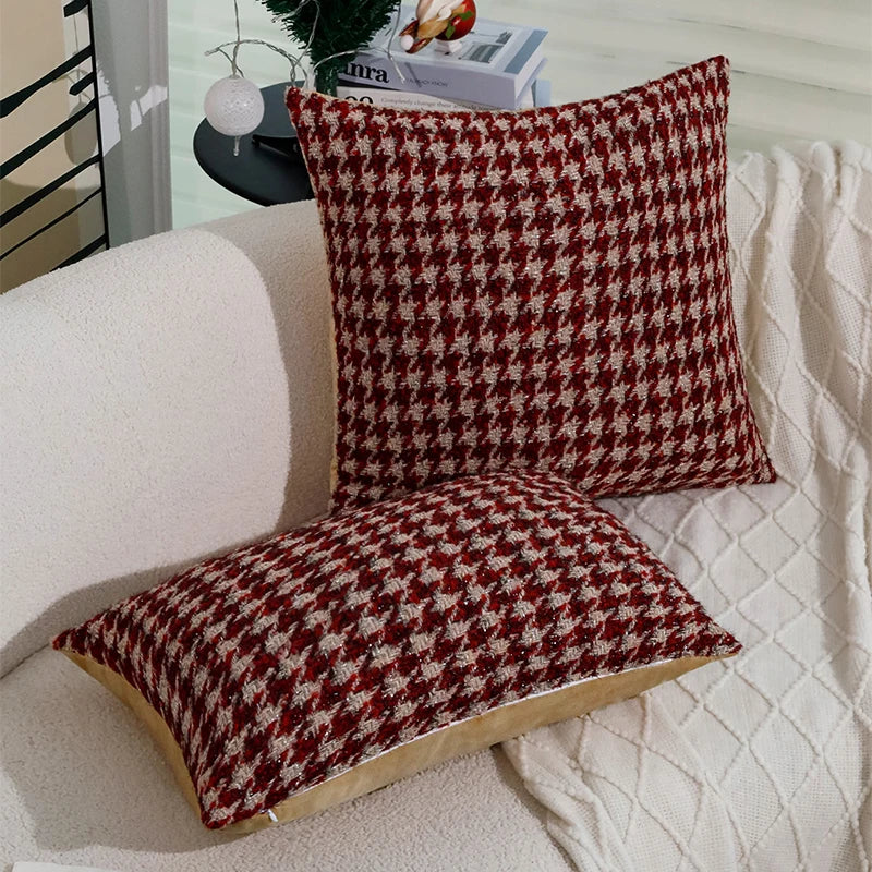Axyaa Retro Red Houndstooth Christmas Cushion Cover for Home Decor