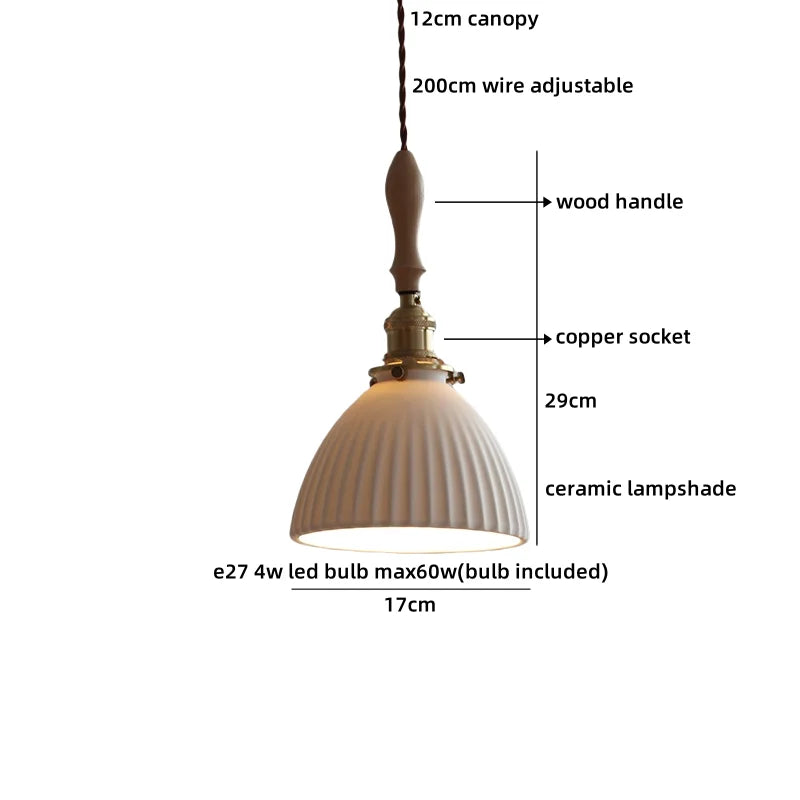 Axyaa Ceramic Pendant Light Wood White LED Lamp for Living Room & Cafe